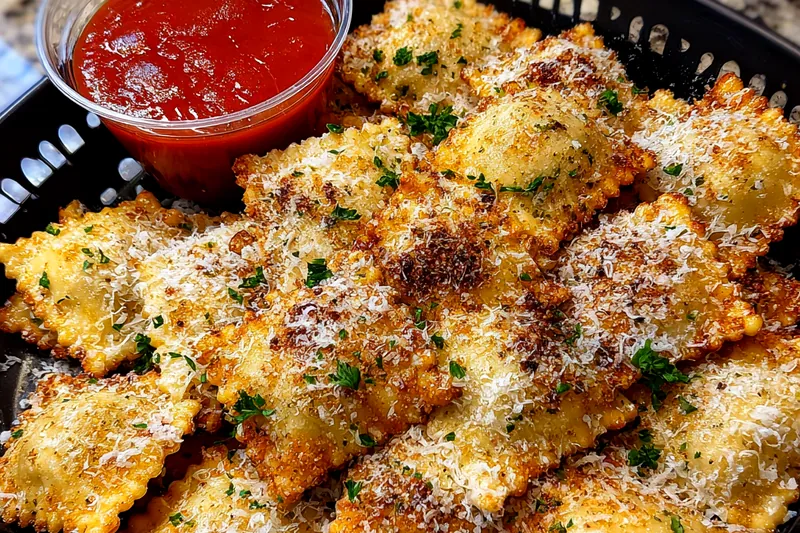 Overview of fresh ingredients for Crispy Toasted Ravioli Bites including ravioli, breadcrumbs, and marinara sauce.