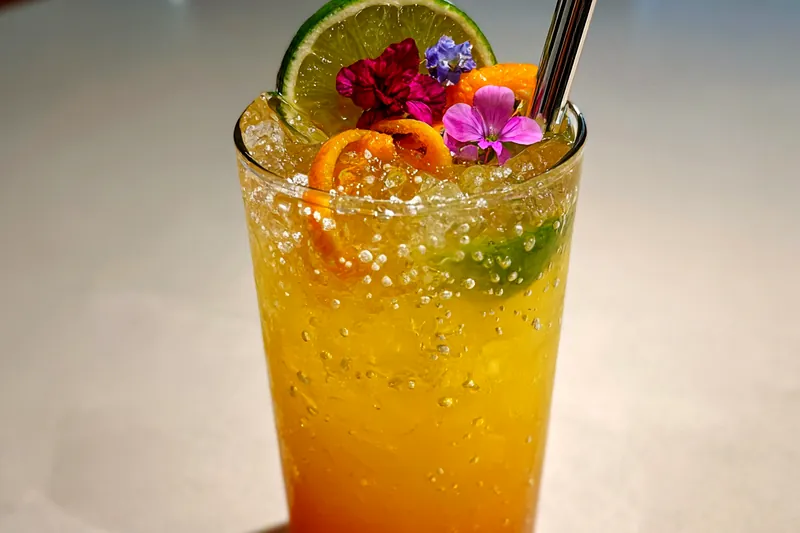 Chef mixing Tropical Pineapple Mango Punch in a large pitcher, showcasing the vibrant colors.