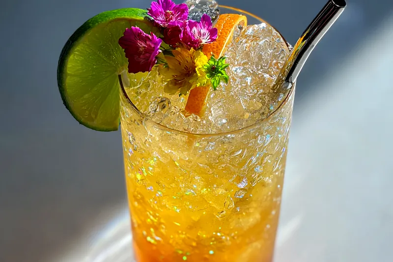 A colorful display of fresh pineapple, mango, and ingredients for the Tropical Pineapple Mango Punch.