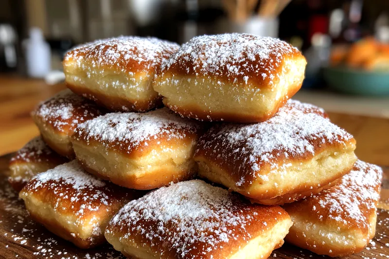 Chef frying Vanilla French Beignets in hot oil, showcasing the cooking process.