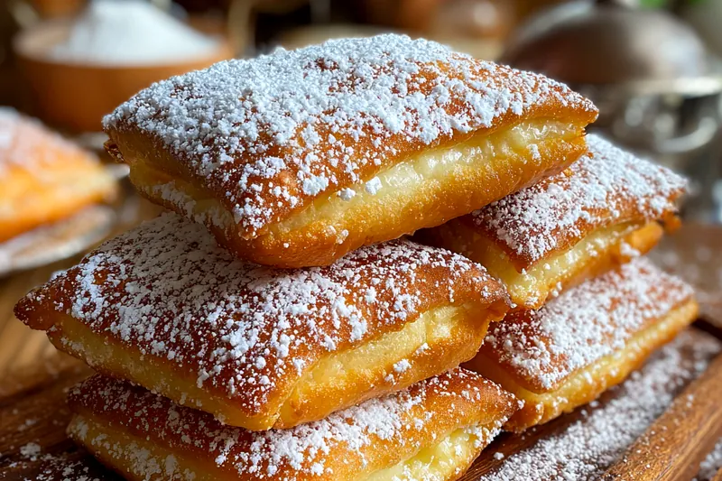Ingredients setup for Vanilla French Beignets, featuring flour, sugar, eggs, and vanilla extract.