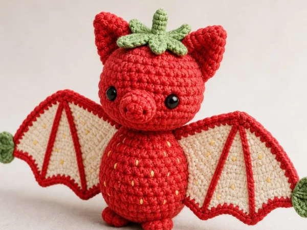 Handmade crochet strawberry bat amigurumi with picot-edged wings