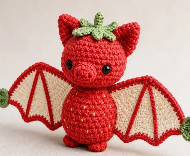 Handmade crochet strawberry bat amigurumi with picot-edged wings